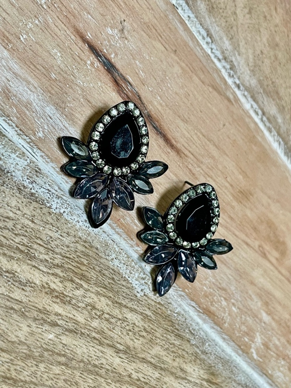 Black and Gray Crystal Teardrop Statement Earrings